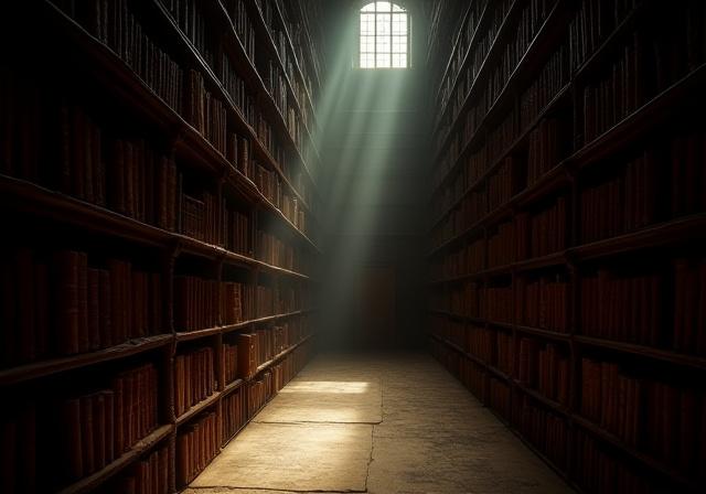 Ancient library with scrolls and vellum books