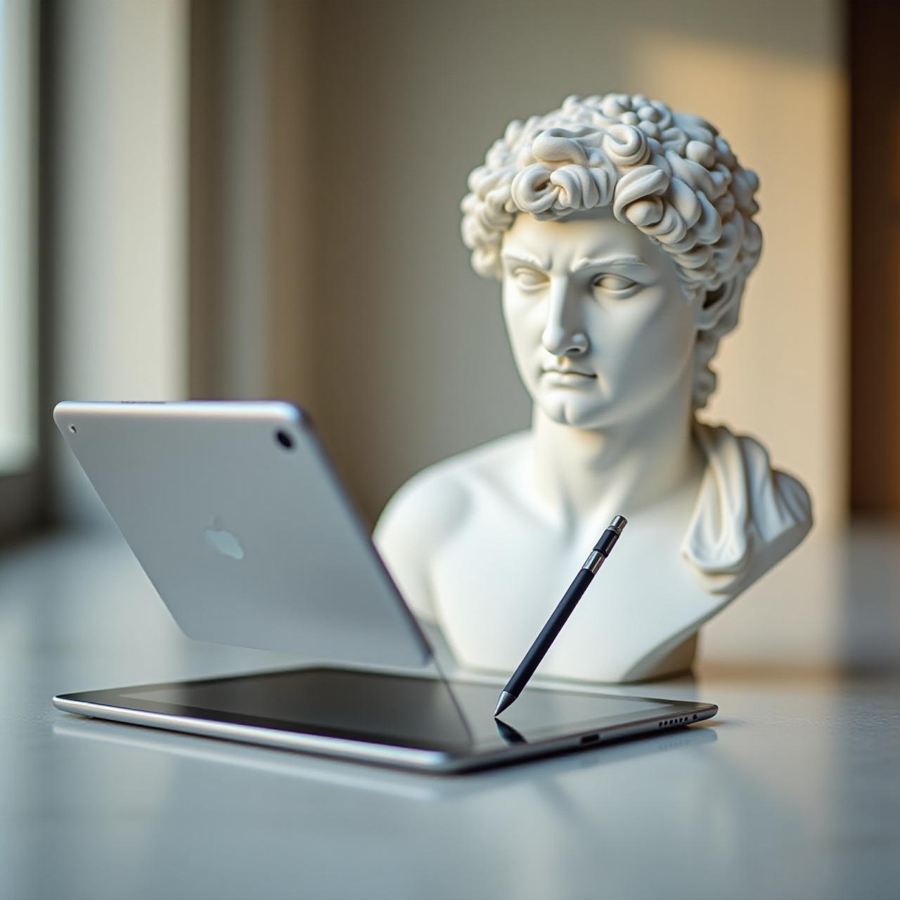 Classical Renaissance sculpture alongside a modern tablet and stylus